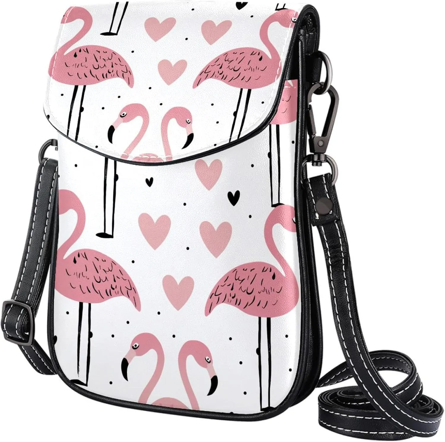 Satchel Bag Pink Flamingo Bird Hears Pattern Purse Crossbody Leather Messenger Bag For Women
