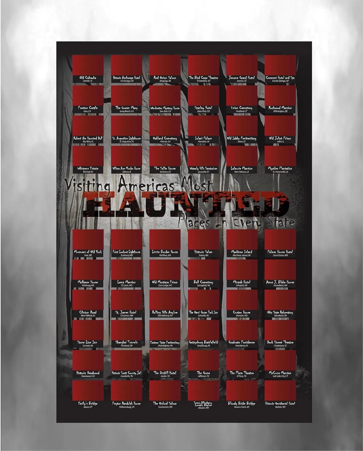 Scratch off Most Haunted Places in the US, Scary Places to Visit, Haunted Bucket List, Horror Poster, Places traveled, Scratch Off Poster, paranormal fan