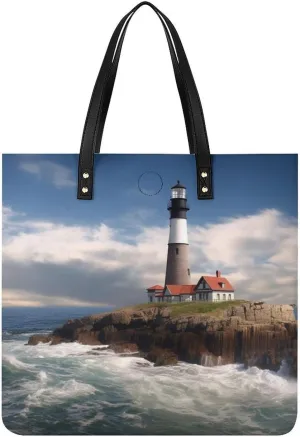 Sea Lighthouse Leather Women Tote Bag Soft Handbags Fashion Shoulder Purses Large Capacity Satchel Clutch Handbag for Travel Work