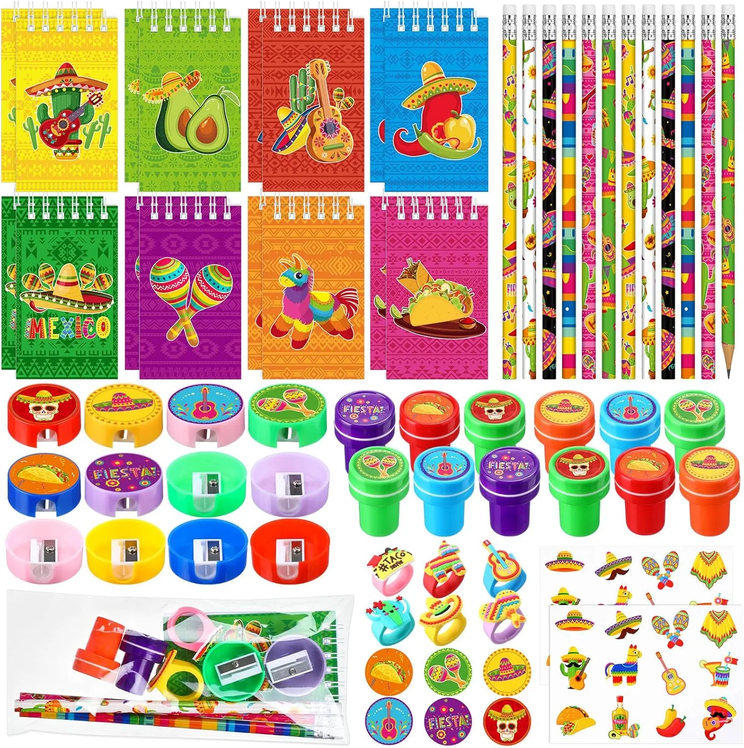 Seajan 96 Pcs Fiesta Party Favors Mexican Party Favors Gift Cinco De Mayo Supplies Spiral Notepad Mexican Pencil Ring Sharpener Stamper Sticker Bag for Boys Girls Carnival Piñata Filler Birthday