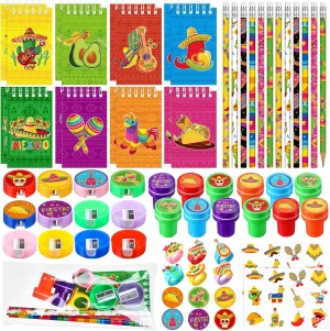 Seajan 96 Pcs Fiesta Party Favors Mexican Party Favors Gift Cinco De Mayo Supplies Spiral Notepad Mexican Pencil Ring Sharpener Stamper Sticker Bag for Boys Girls Carnival Piñata Filler Birthday