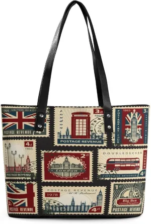 Seamless Pattern with Postage Stamps Theme Women Tote Bags Top Handle Satchel Handbags Faux Leather Tassel Shoulder Purse