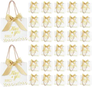 SHAIDOJIO 50 Pcs Thank You Gift Bags with Handles Small Gift Bag with Bow Ribbon, 5.5 x 2.4 x 4.9 Inches Party Favor Bags Paper Gift Bags Bulk for Baby Shower, Wedding, Party, Birthday (White)