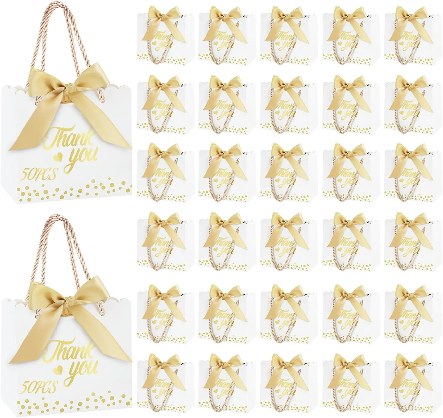 SHAIDOJIO 50 Pcs Thank You Gift Bags with Handles Small Gift Bag with Bow Ribbon, 5.5 x 2.4 x 4.9 Inches Party Favor Bags Paper Gift Bags Bulk for Baby Shower, Wedding, Party, Birthday (White)