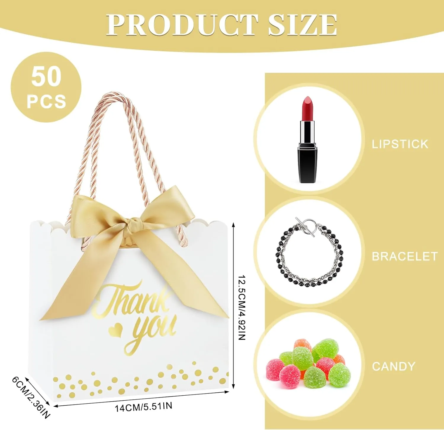 SHAIDOJIO 50 Pcs Thank You Gift Bags with Handles Small Gift Bag with Bow Ribbon, 5.5 x 2.4 x 4.9 Inches Party Favor Bags Paper Gift Bags Bulk for Baby Shower, Wedding, Party, Birthday (White)