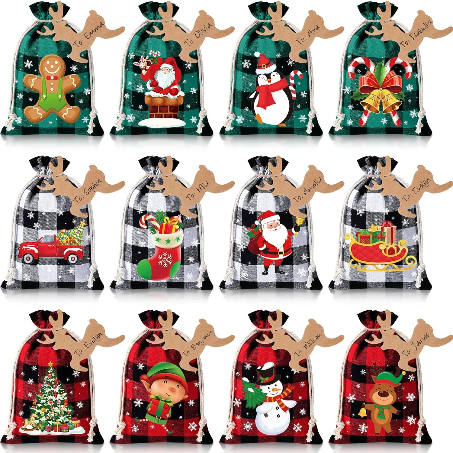 Shappy 48 Pcs Christmas Drawstring Bags Xmas Buffalo Plaid Burlap Candy Bags Linen Treat Bags Holiday Party Favor Christmas Sack Sachet Bag with Cards and Rope (Stylish Color,7 x 5 Inch)