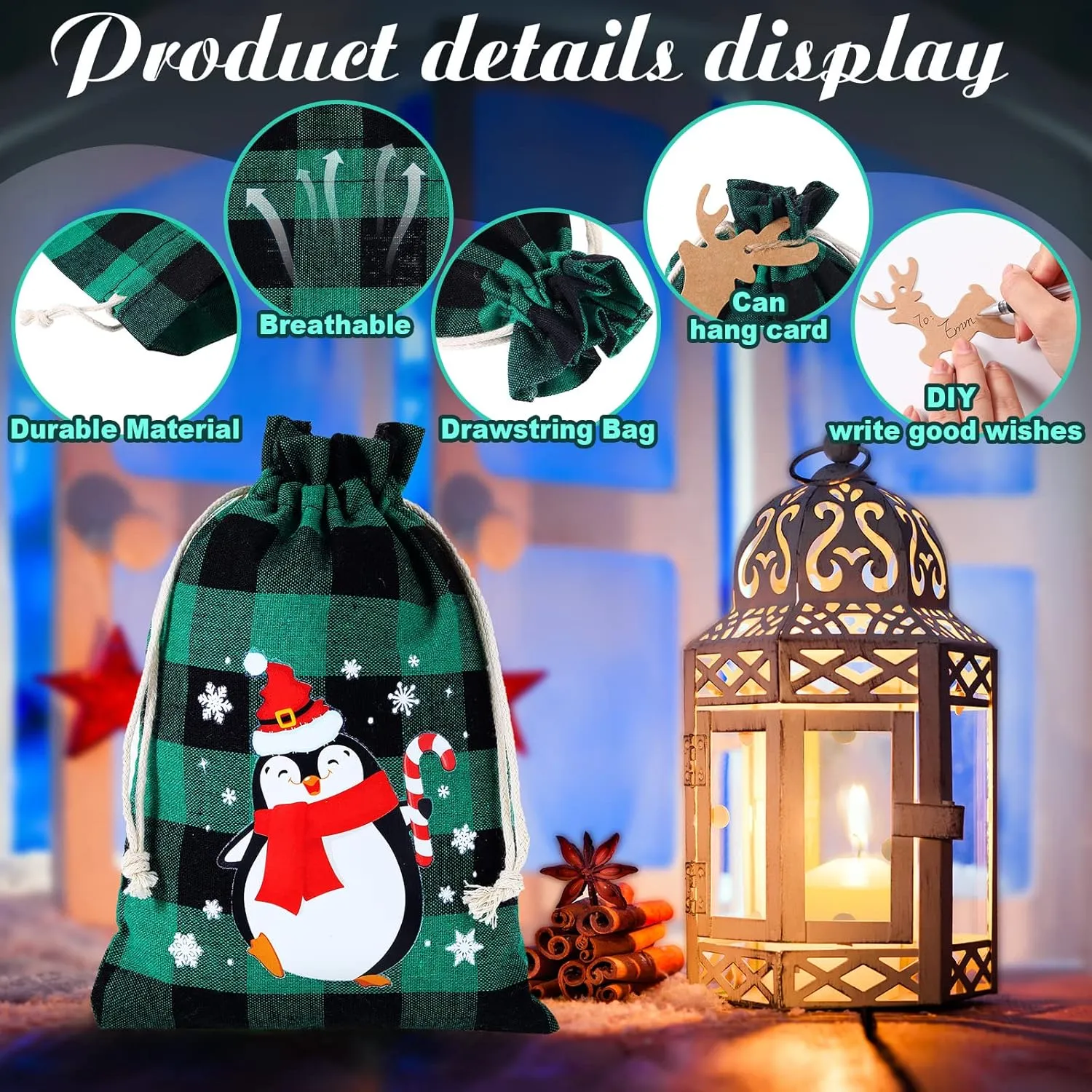 Shappy 48 Pcs Christmas Drawstring Bags Xmas Buffalo Plaid Burlap Candy Bags Linen Treat Bags Holiday Party Favor Christmas Sack Sachet Bag with Cards and Rope (Stylish Color,7 x 5 Inch)