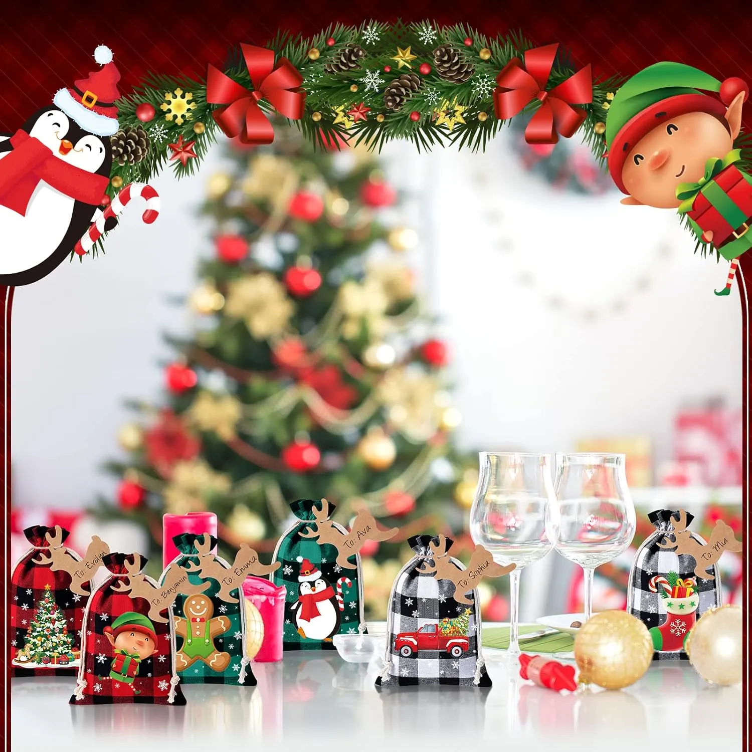 Shappy 48 Pcs Christmas Drawstring Bags Xmas Buffalo Plaid Burlap Candy Bags Linen Treat Bags Holiday Party Favor Christmas Sack Sachet Bag with Cards and Rope (Stylish Color,7 x 5 Inch)