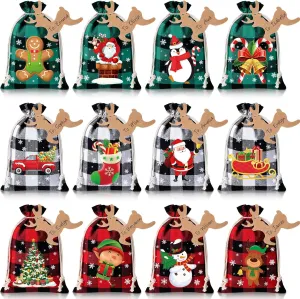 Shappy 48 Pcs Christmas Drawstring Bags Xmas Buffalo Plaid Burlap Candy Bags Linen Treat Bags Holiday Party Favor Christmas Sack Sachet Bag with Cards and Rope (Stylish Color,7 x 5 Inch)