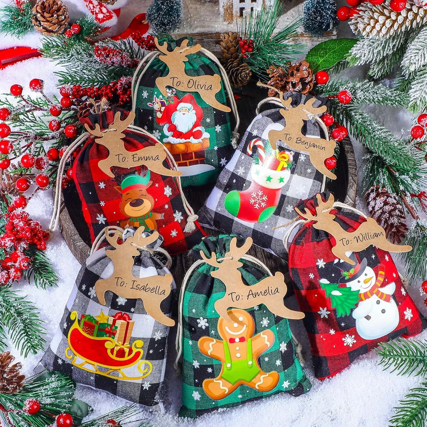 Shappy 48 Pcs Christmas Drawstring Bags Xmas Buffalo Plaid Burlap Candy Bags Linen Treat Bags Holiday Party Favor Christmas Sack Sachet Bag with Cards and Rope (Stylish Color,7 x 5 Inch)