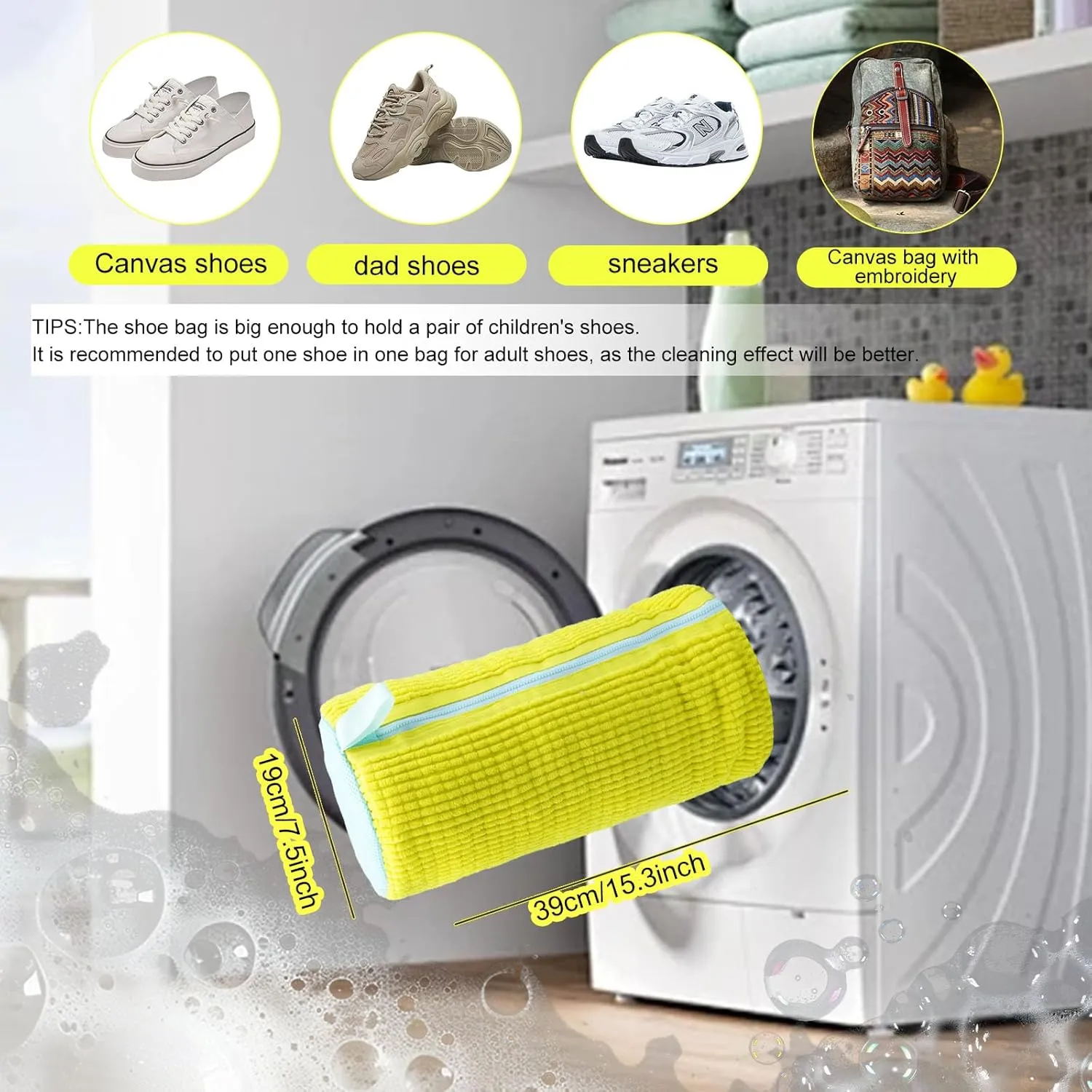 Shoe washing machine bag, laundry shoe bag for washer and dryer, Reusable Zipper Plush Sneakers Washing Machine Bag for Shoes, Gym,Tennis Shoes, Delicate Yellow 1 pc