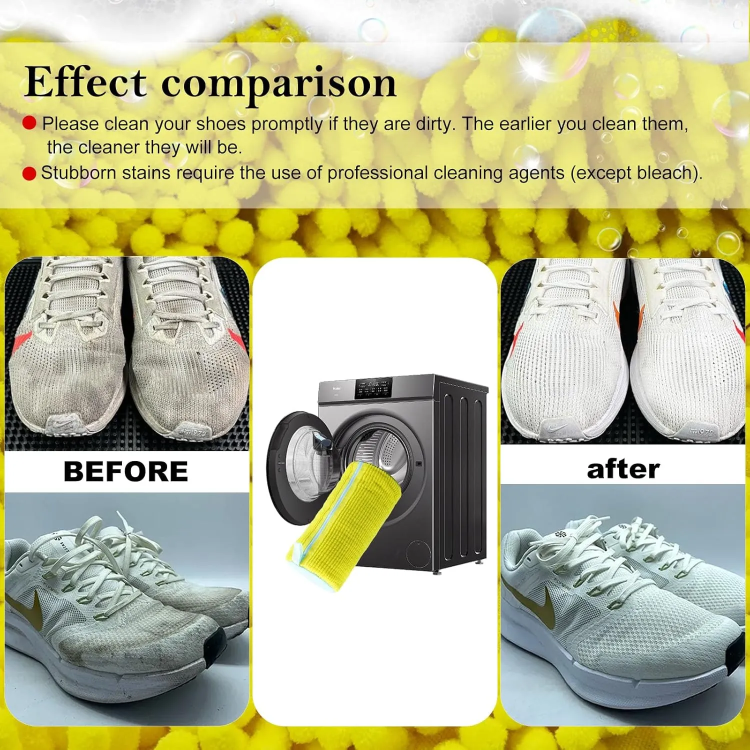 Shoe washing machine bag, laundry shoe bag for washer and dryer, Reusable Zipper Plush Sneakers Washing Machine Bag for Shoes, Gym,Tennis Shoes, Delicate Yellow 1 pc