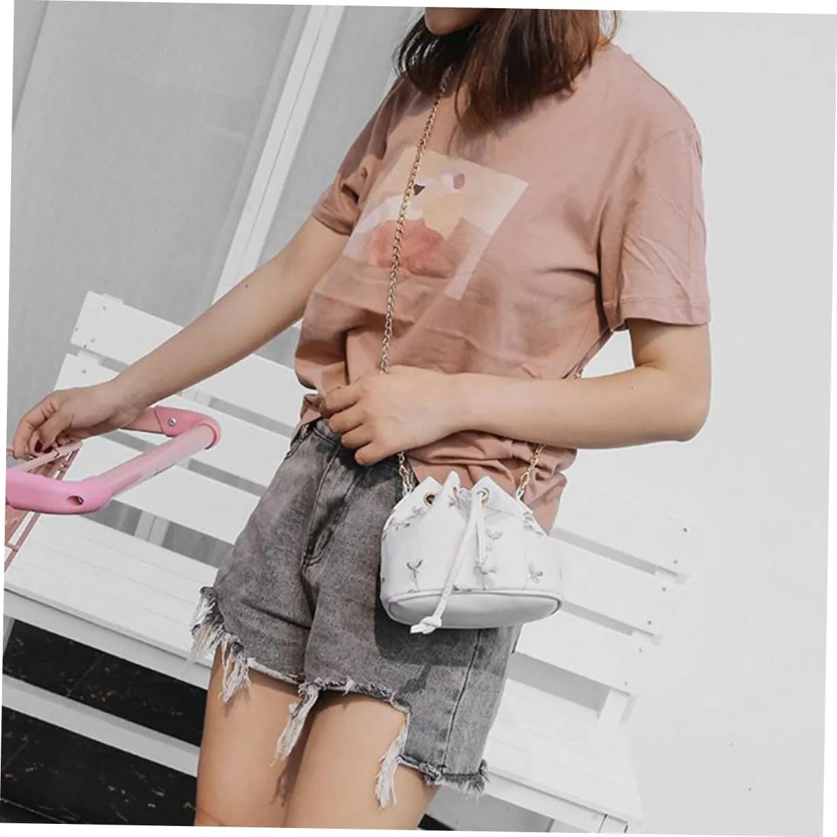 Shoulder Bucket Bag Women Bucket Bag Flower Bucket White Miss Fashion