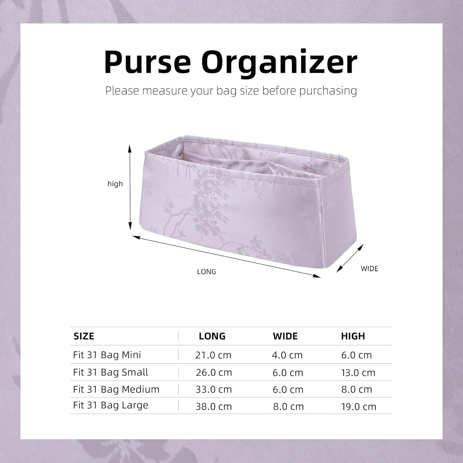 Silk Purse Organizer Insert fits Chanel 31 Bags, Silky Smooth Bag Organizer, Large Capacity Inner Bag, Luxury Handbag Tote Shaper (Mini, Pale Purple)