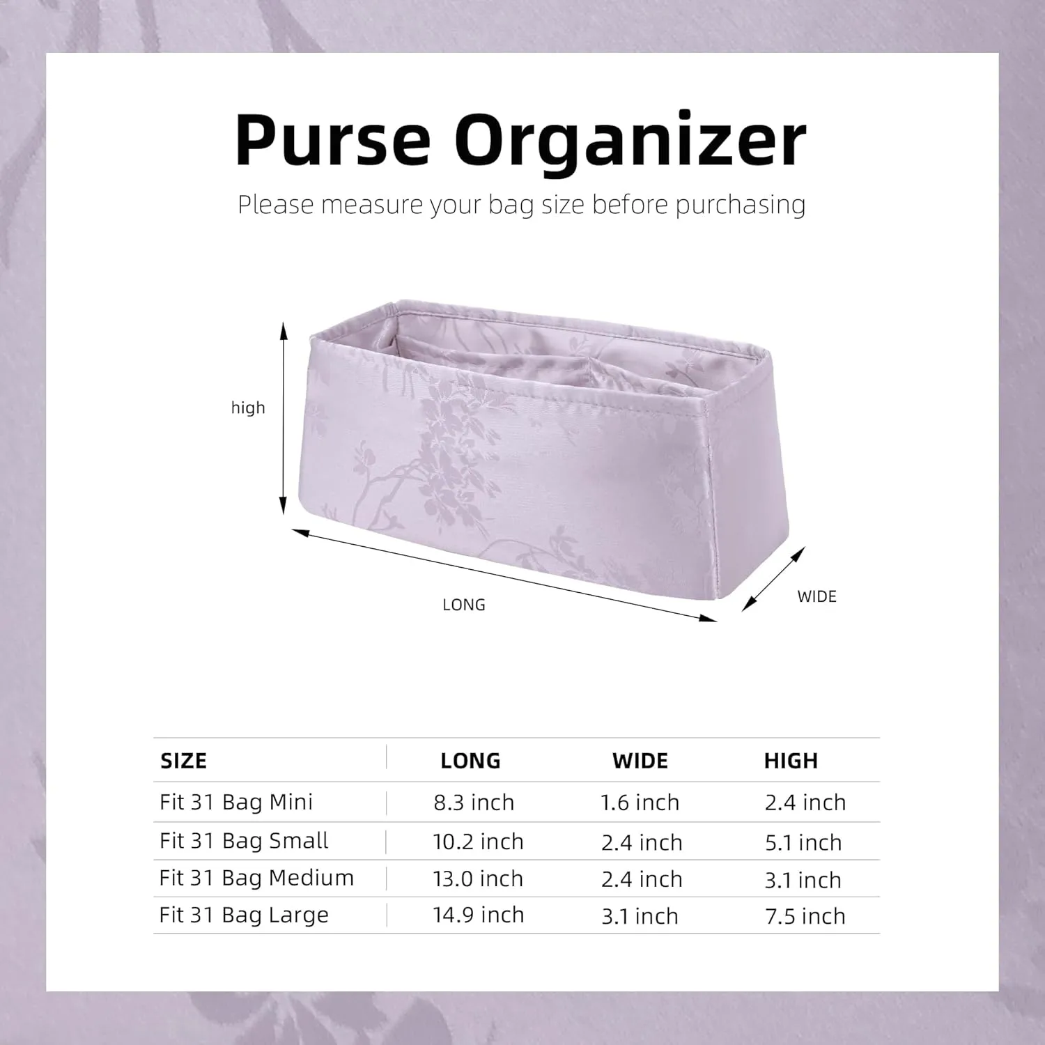 Silk Purse Organizer Insert fits Chanel 31 Bags, Silky Smooth Bag Organizer, Large Capacity Inner Bag, Luxury Handbag Tote Shaper (Mini, Pale Purple)