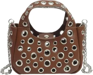 Simple Studded Shoulder Bag For Women Vegan Leather Crossbody Purse Y2K Womens Bucket Bag Hollowed-out Punk Tote Purse 2025