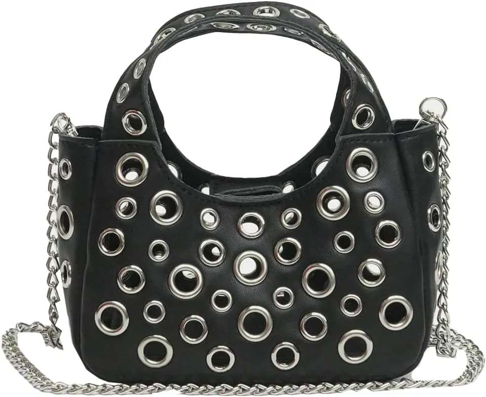 Simple Studded Shoulder Bag For Women Vegan Leather Crossbody Purse Y2K Womens Bucket Bag Hollowed-out Punk Tote Purse 2025