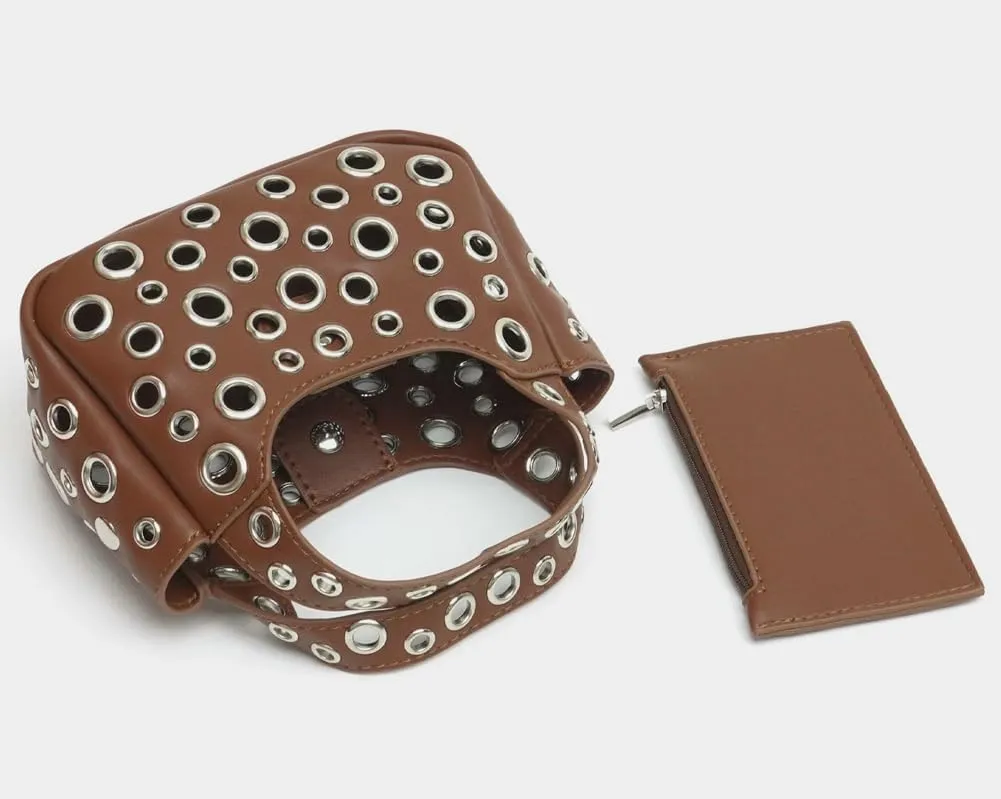 Simple Studded Shoulder Bag For Women Vegan Leather Crossbody Purse Y2K Womens Bucket Bag Hollowed-out Punk Tote Purse 2025