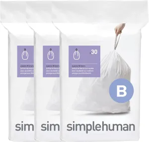 simplehuman Code B 90 Count, Genuine Custom Fit Liners, Drawstring Trash Bags in Dispenser Packs, 6 Liter / 1.6 Gallon, White