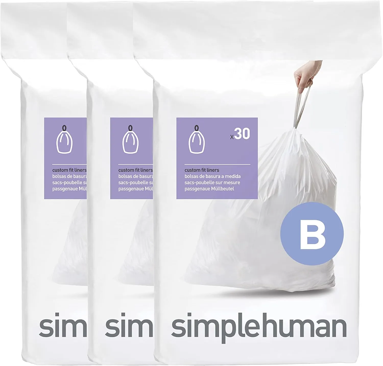 simplehuman Code B 90 Count, Genuine Custom Fit Liners, Drawstring Trash Bags in Dispenser Packs, 6 Liter / 1.6 Gallon, White