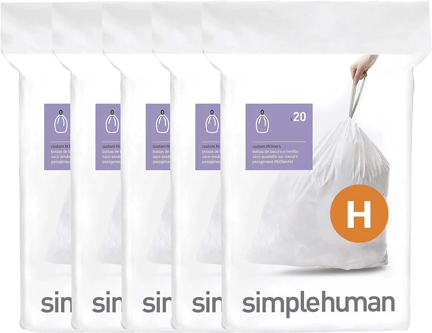 simplehuman Code H 100 Count, Dispenser Pack Custom Fit Liners, Drawstring Trash Bags, 30-35 Liter / 8-9 Gallon