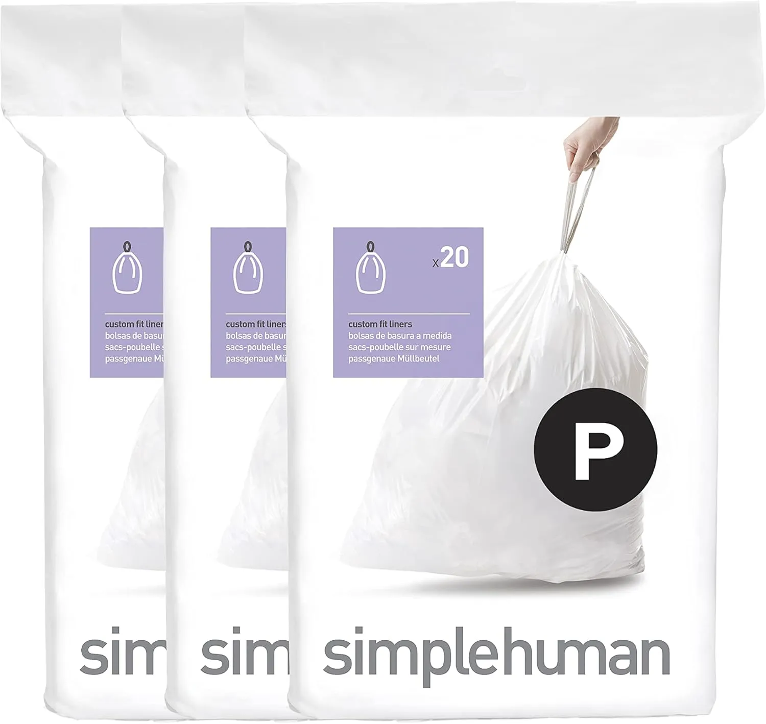simplehuman Code P 60 Count, Genuine Custom Fit Liners, Drawstring Trash Bags in Dispenser Packs, 50-60 Liter / 13-16 Gallon
