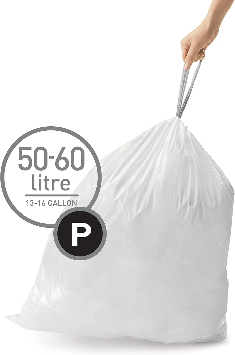 simplehuman Code P 60 Count, Genuine Custom Fit Liners, Drawstring Trash Bags in Dispenser Packs, 50-60 Liter / 13-16 Gallon