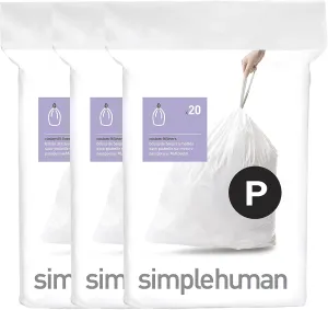 simplehuman Code P 60 Count, Genuine Custom Fit Liners, Drawstring Trash Bags in Dispenser Packs, 50-60 Liter / 13-16 Gallon