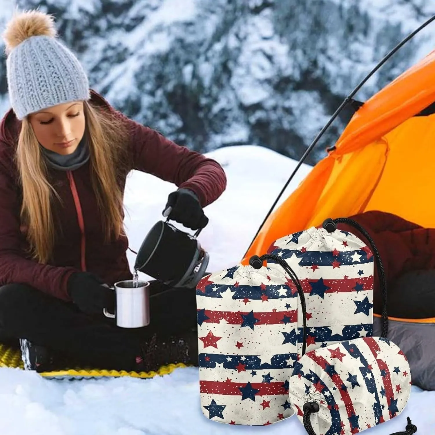 Sleeping Bag Stuff Sack USA Flag Outdoor Products Water Resistant Stuff Bag Ultralight Ditty Bags for Camping Hiking Travelling or Laundry Large
