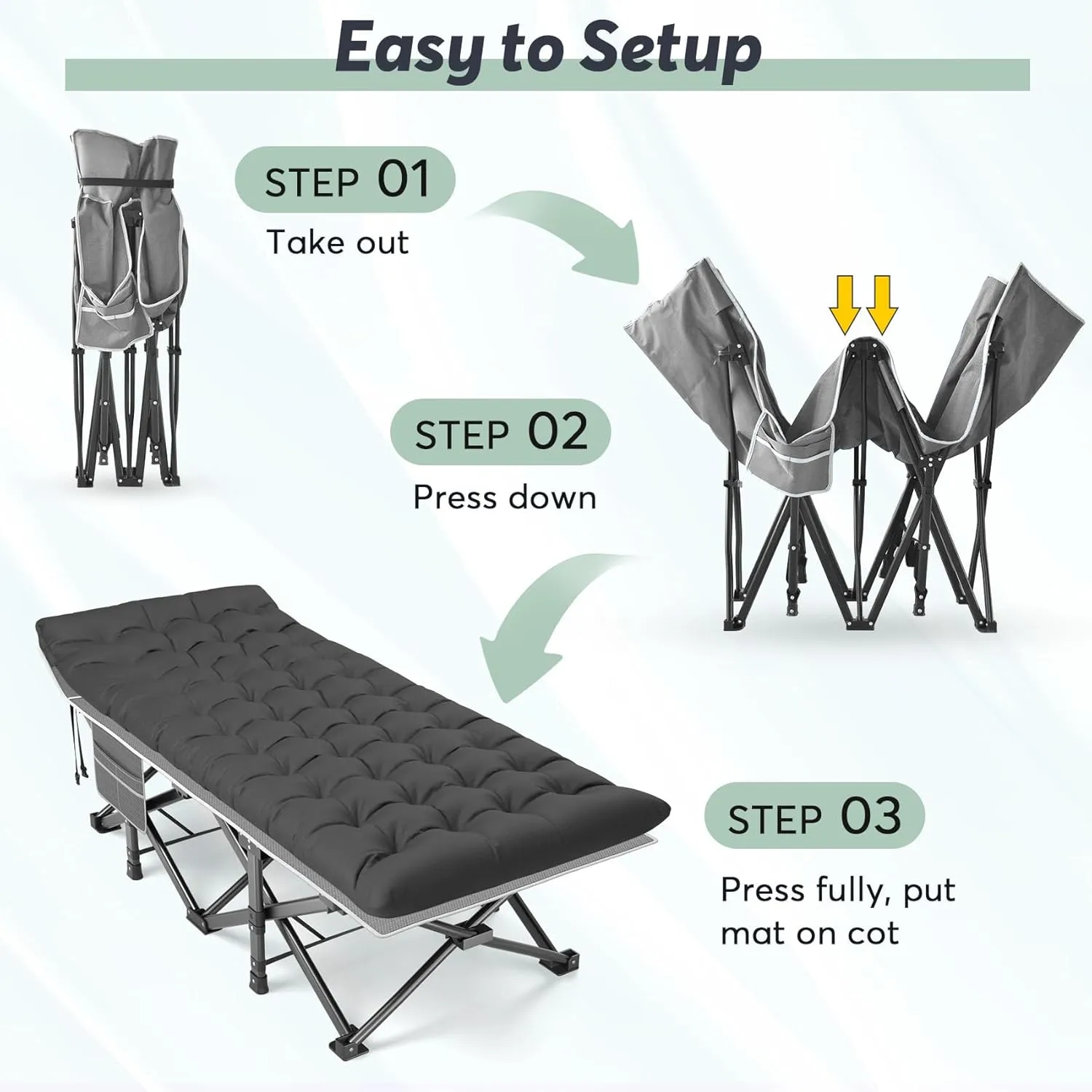 Slendor XXL Folding Camping Cot for Adults,79" L x 32" W x 19" H Camp Cot, Oversized Sleeping Cot with Mattress, Carry Bag, Strapping, Camping Bed for Tent, Office Support 500lbs, Gray Cot w/Black Pad