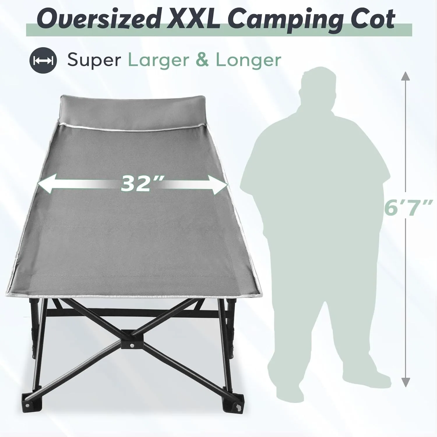 Slendor XXL Folding Camping Cot for Adults,79" L x 32" W x 19" H Camp Cot, Oversized Sleeping Cot with Mattress, Carry Bag, Strapping, Camping Bed for Tent, Office Support 500lbs, Gray Cot w/Black Pad