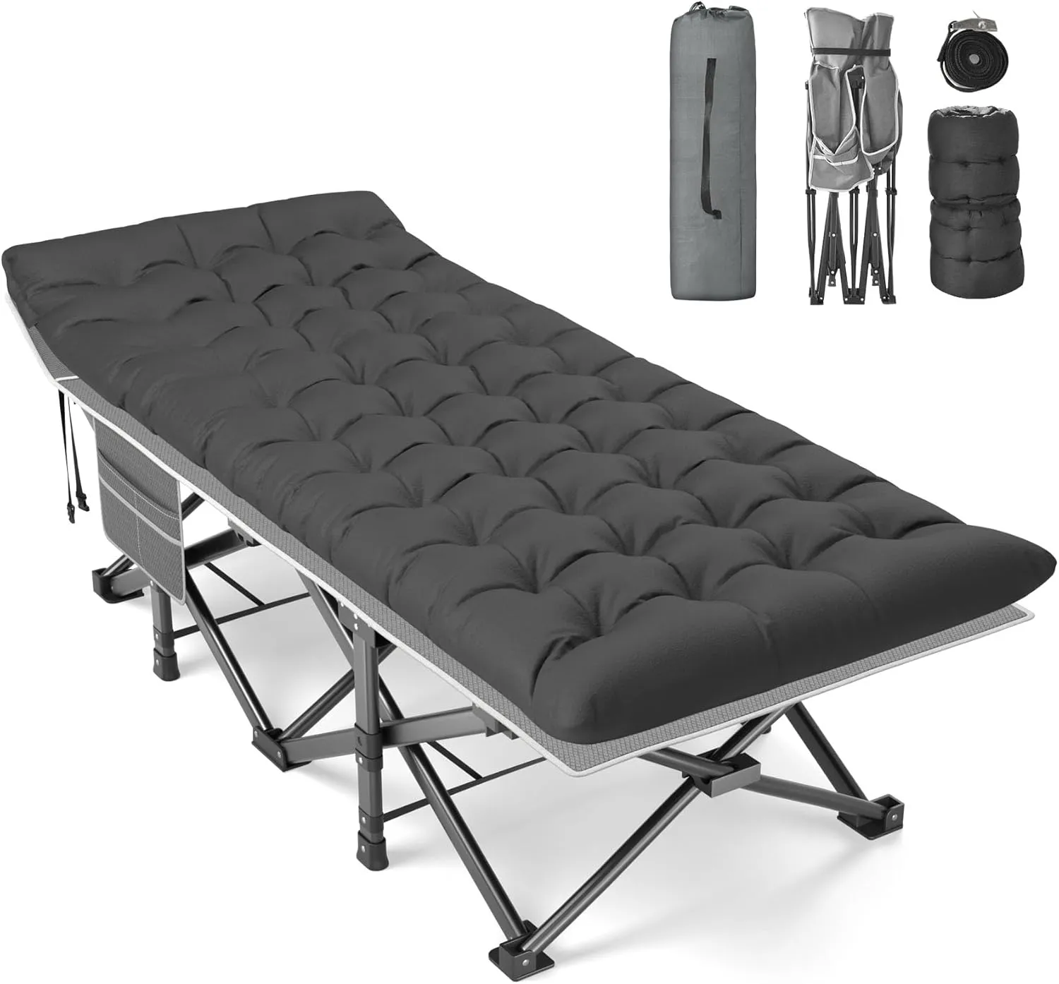 Slendor XXL Folding Camping Cot for Adults,79" L x 32" W x 19" H Camp Cot, Oversized Sleeping Cot with Mattress, Carry Bag, Strapping, Camping Bed for Tent, Office Support 500lbs, Gray Cot w/Black Pad