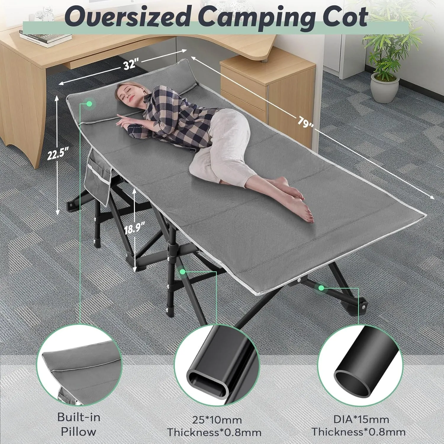 Slendor XXL Folding Camping Cot for Adults,79" L x 32" W x 19" H Camp Cot, Oversized Sleeping Cot with Mattress, Carry Bag, Strapping, Camping Bed for Tent, Office Support 500lbs, Gray Cot w/Black Pad
