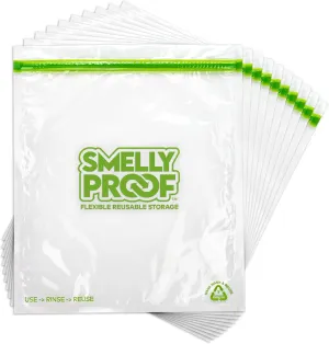 Smelly Proof Reusable Storage Bags for Food Bags - MADE IN USA, Easy Clean, Dishwasher-Safe, BPA FREE, NO PEVA, XL 3-mil Thick Bags, Extra Large Clear FLAT 10.5" x 12" GALLON 10-Pack