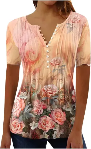 SMIDOW Womens Tunic Tops Trendy Vintage Boho Shirts Short Sleeve Notch v Neck t-Shirt 2023 Casual Summer Blouse Empire Waist