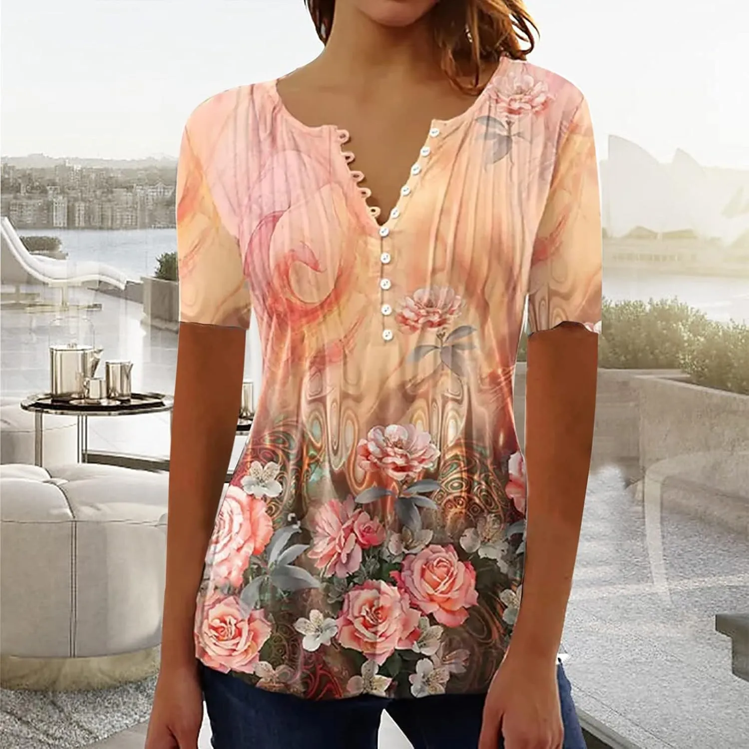 SMIDOW Womens Tunic Tops Trendy Vintage Boho Shirts Short Sleeve Notch v Neck t-Shirt 2023 Casual Summer Blouse Empire Waist