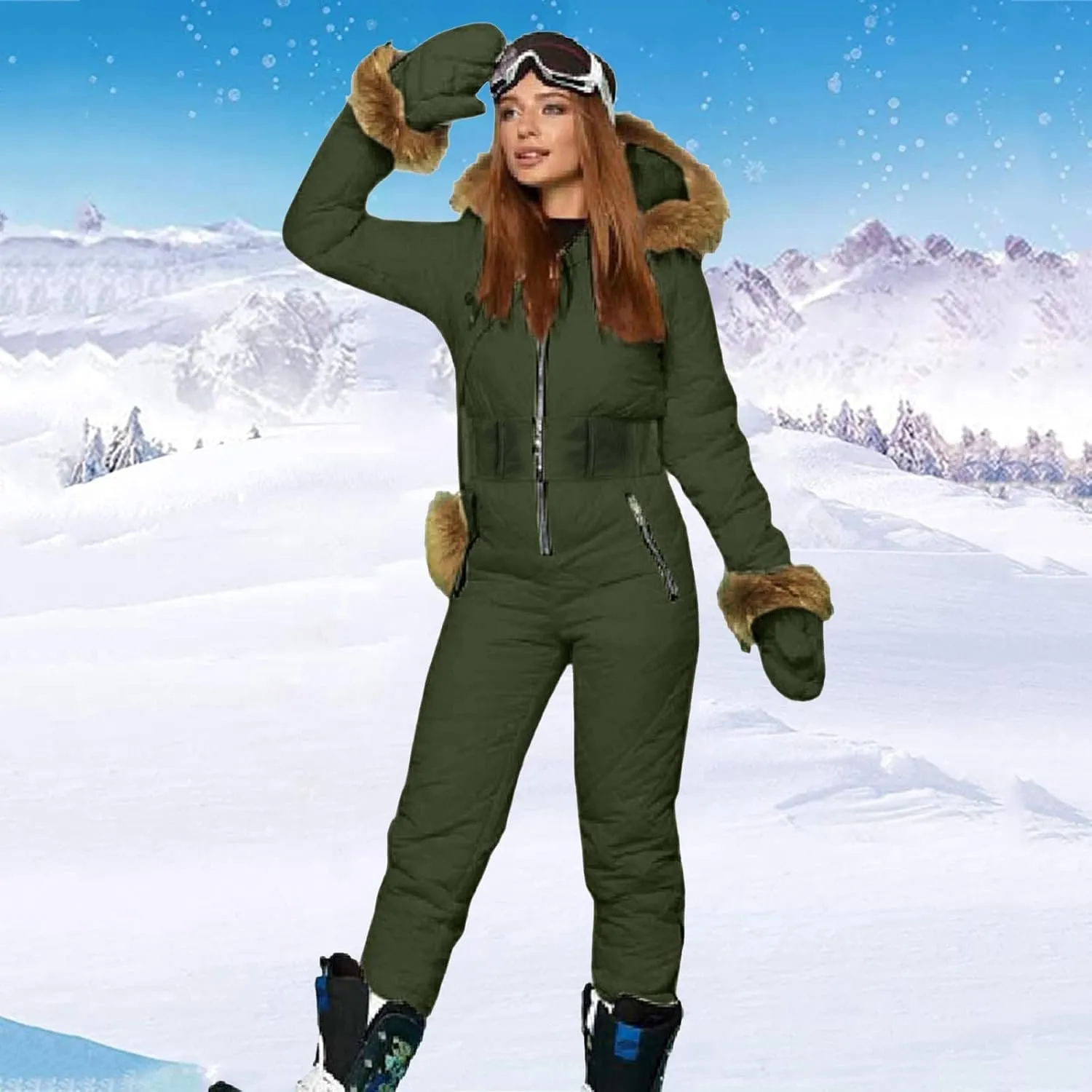 Snowsuit Women Adult with Gloves and Bags Fashion Fur Collar Coats Onesie Jumpsuits Winter Outdoor Sports Ski Suits