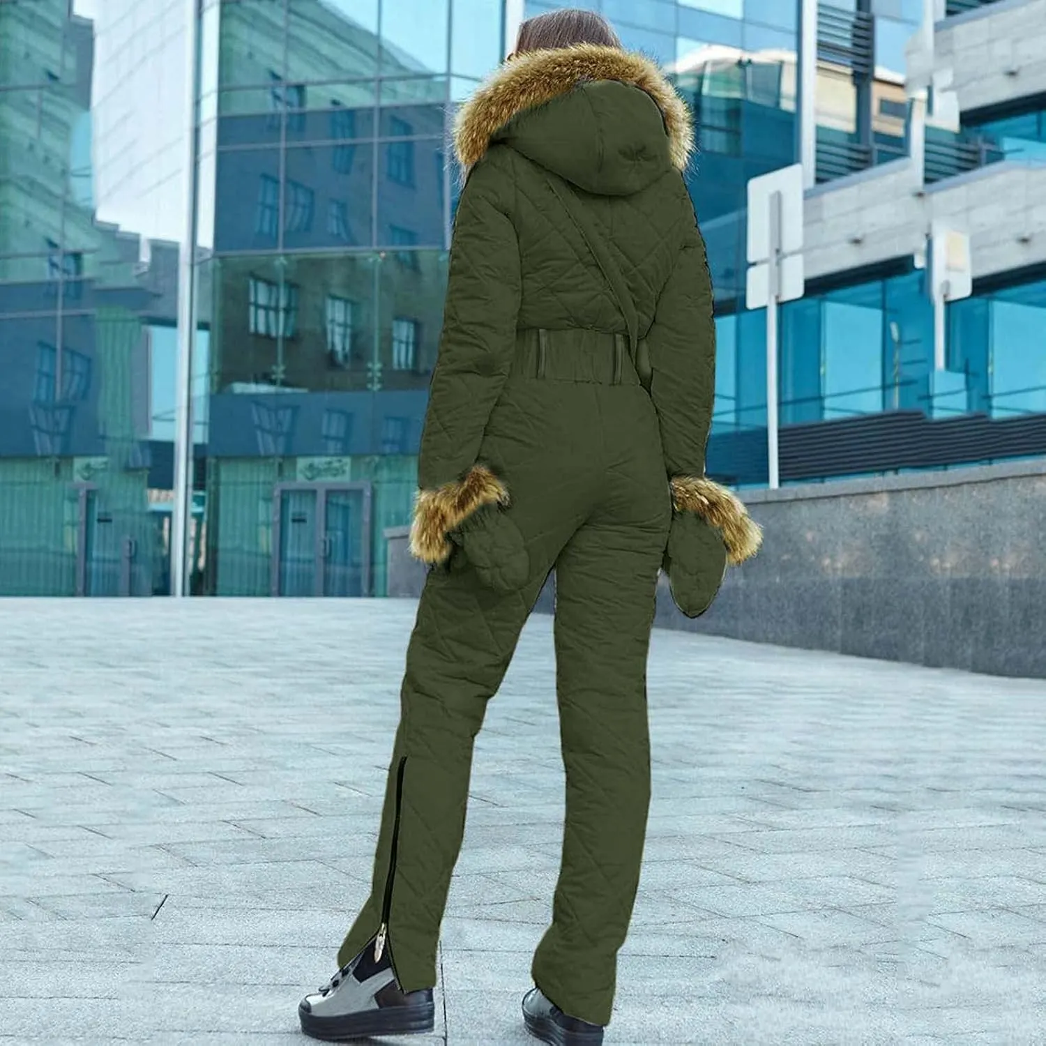 Snowsuit Women Adult with Gloves and Bags Fashion Fur Collar Coats Onesie Jumpsuits Winter Outdoor Sports Ski Suits