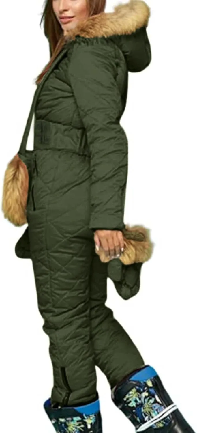 Snowsuit Women Adult with Gloves and Bags Fashion Fur Collar Coats Onesie Jumpsuits Winter Outdoor Sports Ski Suits