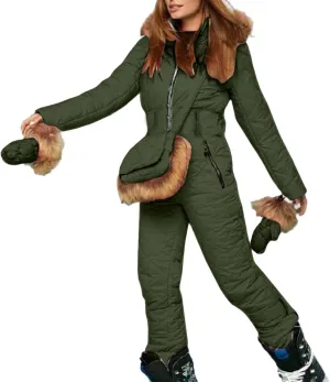 Snowsuit Women Adult with Gloves and Bags Fashion Fur Collar Coats Onesie Jumpsuits Winter Outdoor Sports Ski Suits
