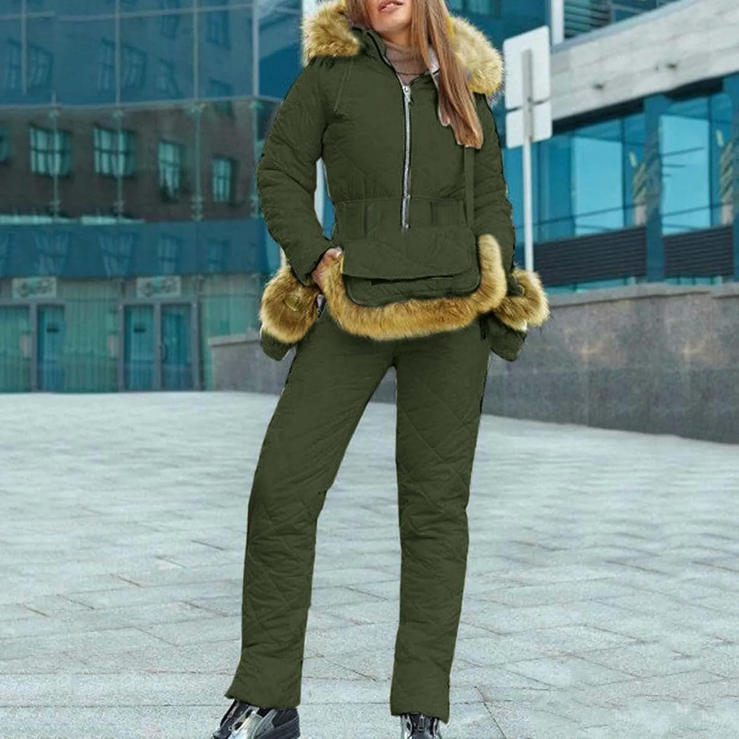 Snowsuit Women Adult with Gloves and Bags Fashion Fur Collar Coats Onesie Jumpsuits Winter Outdoor Sports Ski Suits