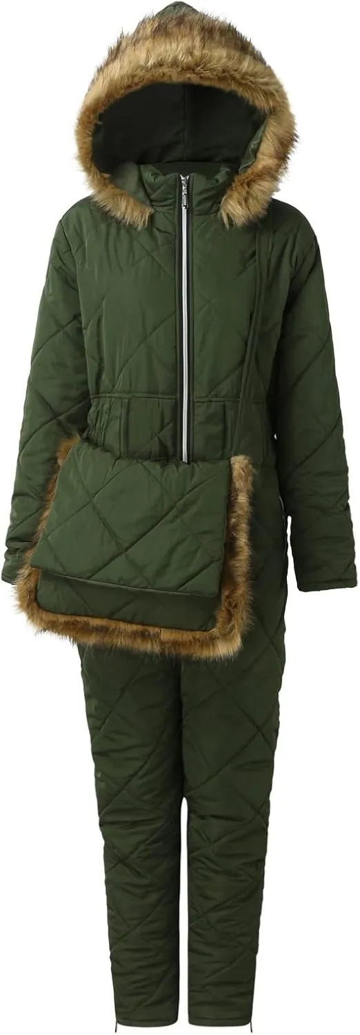 Snowsuit Women Adult with Gloves and Bags Fashion Fur Collar Coats Onesie Jumpsuits Winter Outdoor Sports Ski Suits