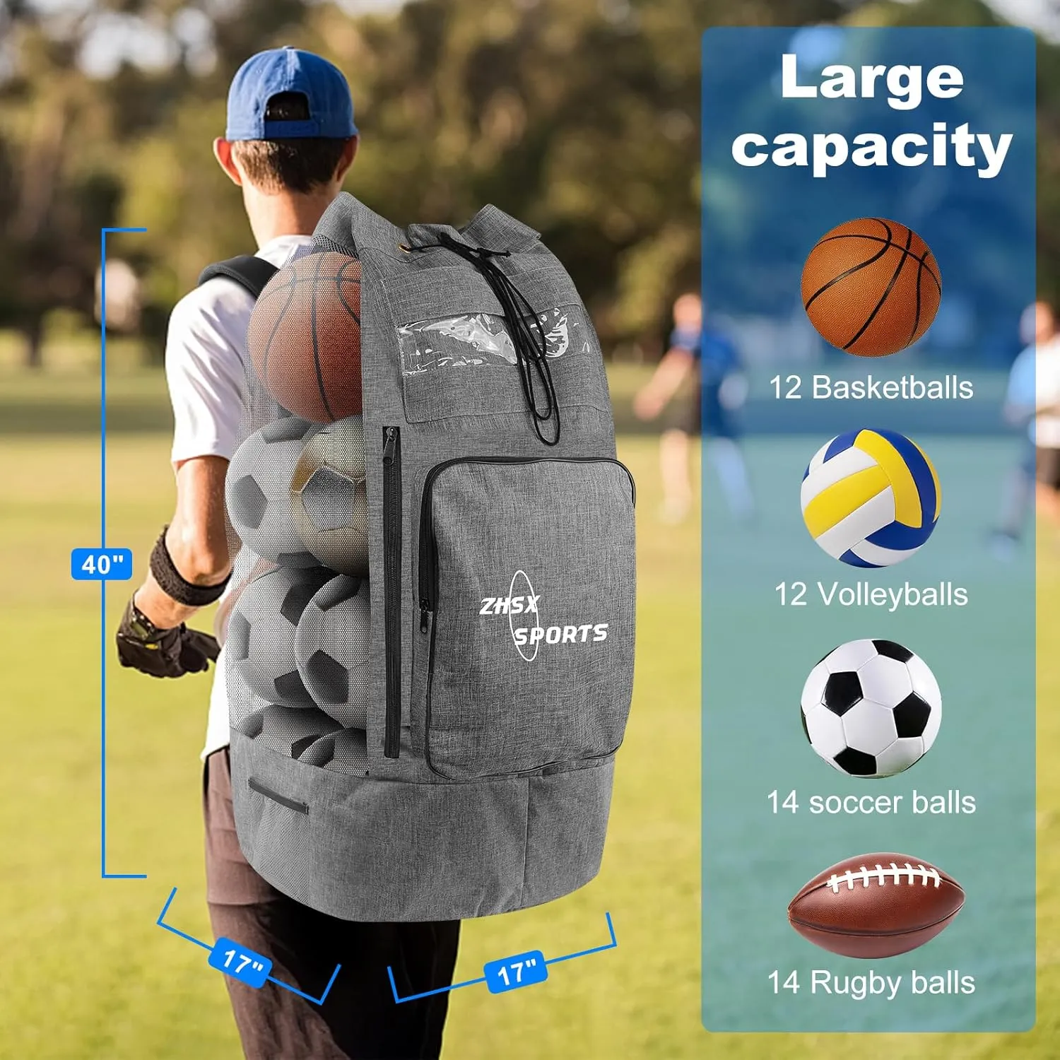 Soccer Ball Bag,Large Mesh Ball Bag Sports Equipment Net Bag With Drawstring Closure Shoulder Strap and Oversized Front Pocket Storage Basketball,Volleyball,Football Accessories