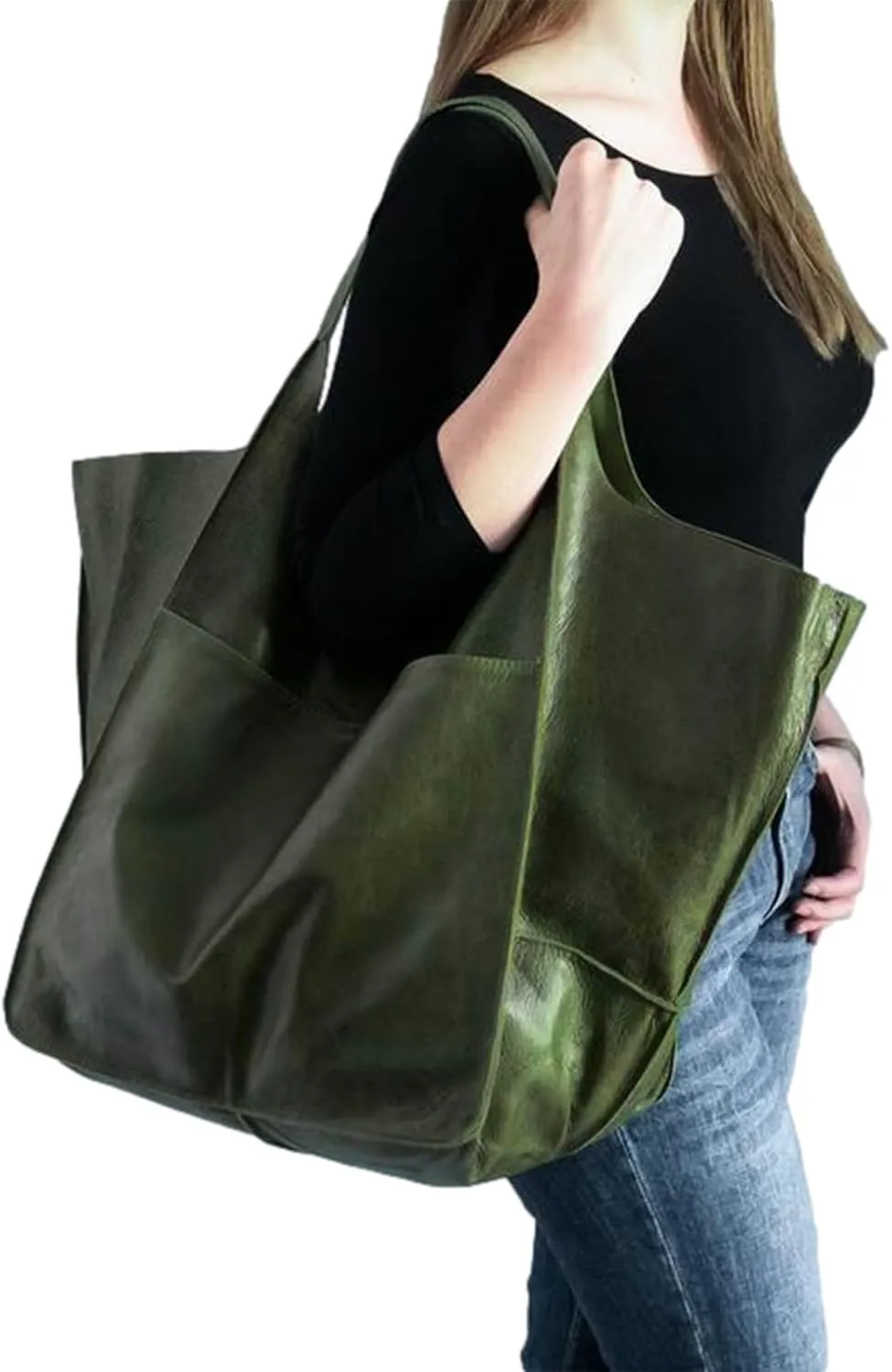 Soft Leather Tote Bag for Women Extra Large Boho Bucket Handbag Oversized Purse Shoulder Bag for Working Traveling