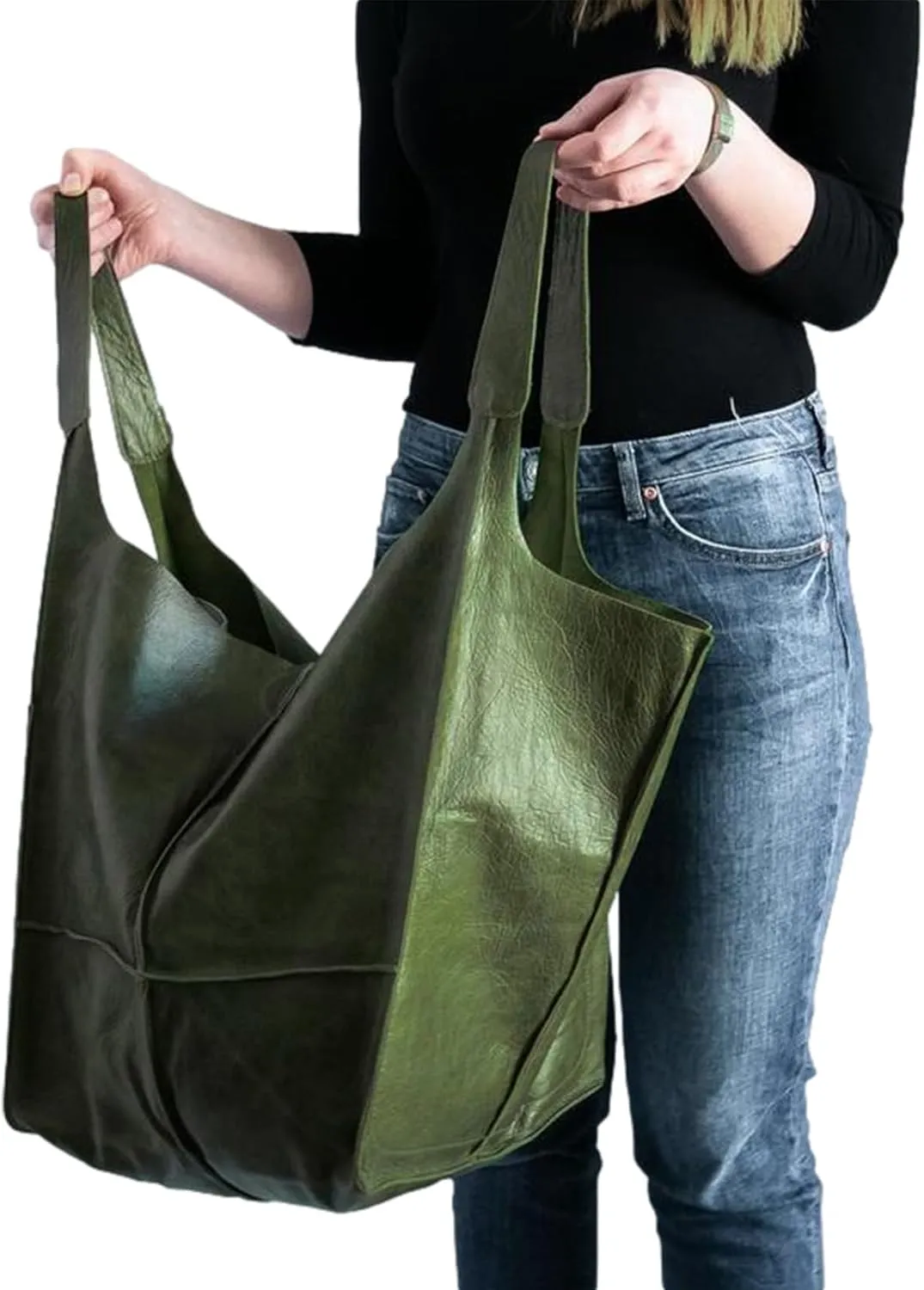 Soft Leather Tote Bag for Women Extra Large Boho Bucket Handbag Oversized Purse Shoulder Bag for Working Traveling