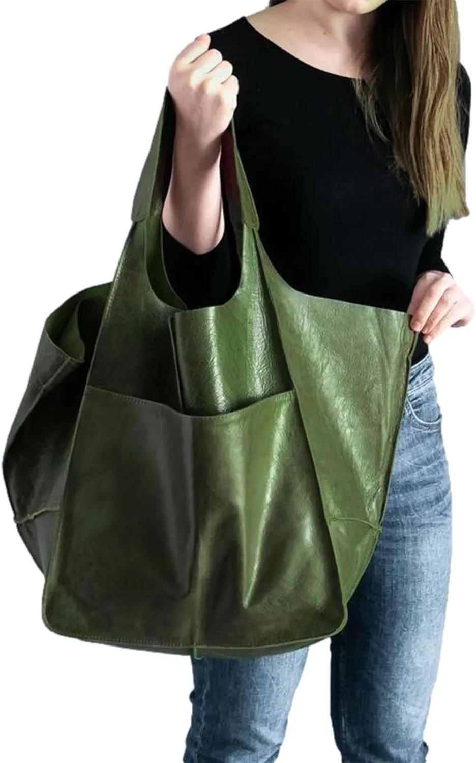 Soft Leather Tote Bag for Women Extra Large Boho Bucket Handbag Oversized Purse Shoulder Bag for Working Traveling