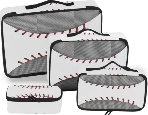 Softball Baseball Red Lace on White Background 4 PCs Set Packing Bags, Luggage Organizer Bag, Portable Cube Toiletry bag, Durable Travel Cosmetic Storage Bag for Men Women