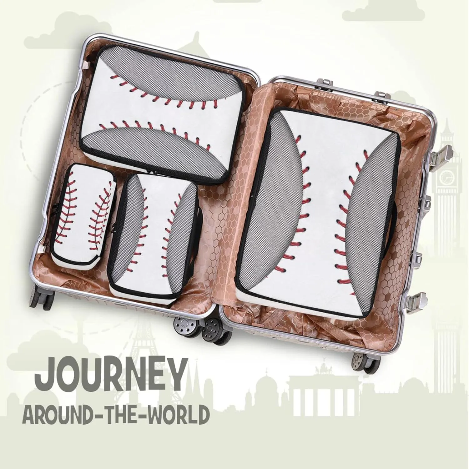 Softball Baseball Red Lace on White Background 4 PCs Set Packing Bags, Luggage Organizer Bag, Portable Cube Toiletry bag, Durable Travel Cosmetic Storage Bag for Men Women