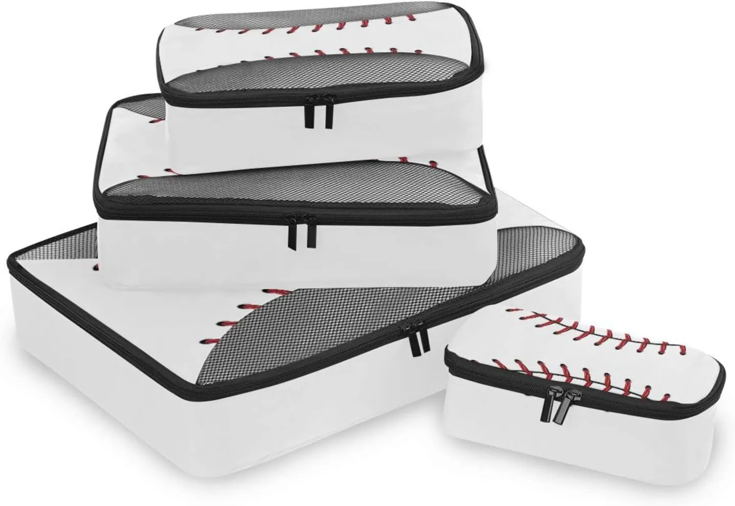 Softball Baseball Red Lace on White Background 4 PCs Set Packing Bags, Luggage Organizer Bag, Portable Cube Toiletry bag, Durable Travel Cosmetic Storage Bag for Men Women