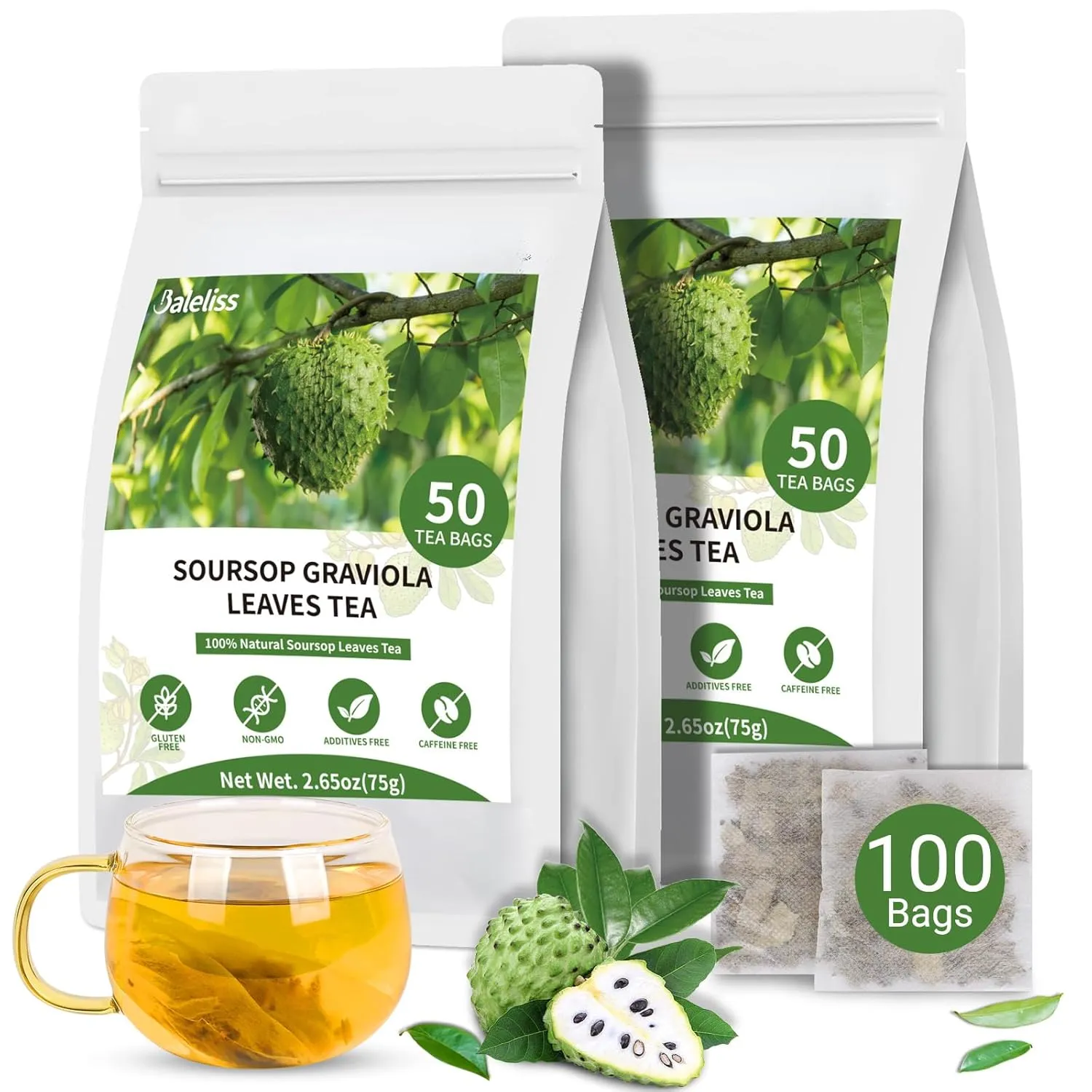 Soursop Leaves Tea Bag, Pure and Natural Soursop Graviola Leaves for Digestion, Boosting Immune, Improving Sleep & Skin Health - Hojas De Guanabana Tea（100 Teabags/2 Pack)